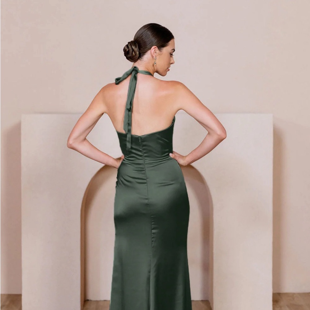 Revelry Fallon Satin Bridesmaid Dress in Deep Olive, size 14